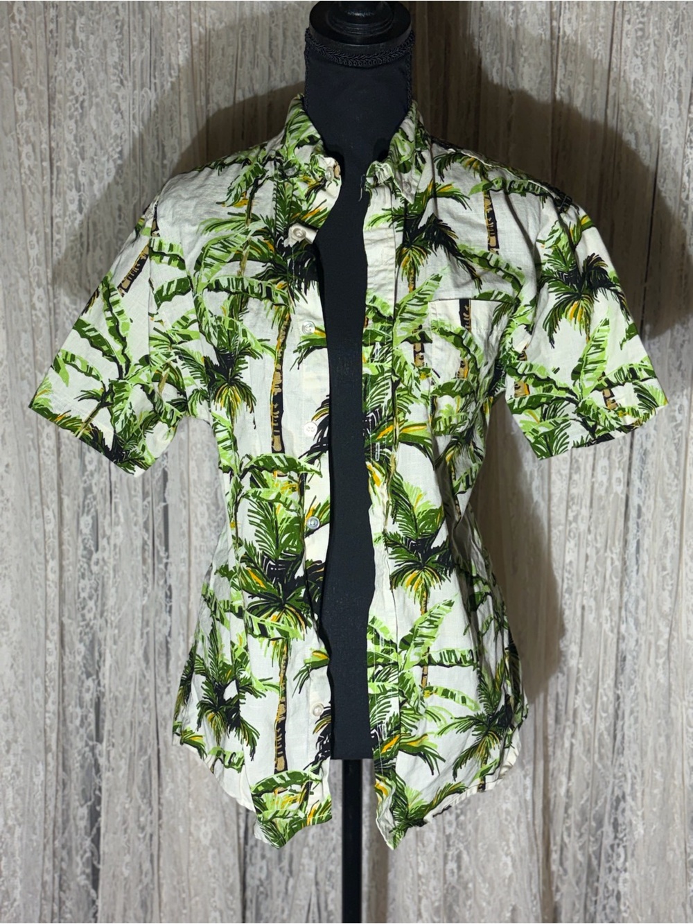 Tropical Palm Print Button-Down Shirt - Green/White